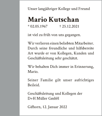 Traueranzeige von Mario Kutschan von UEL