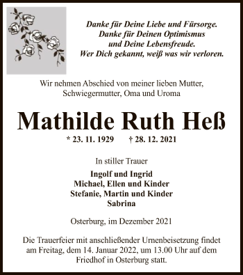 Traueranzeige von Mathilde Ruth Heß von UEL