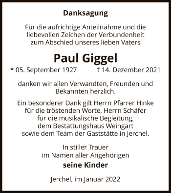 Traueranzeige von Paul Giggel von UEL