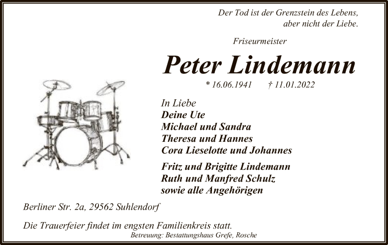  Traueranzeige für Peter Lindemann vom 15.01.2022 aus UEL