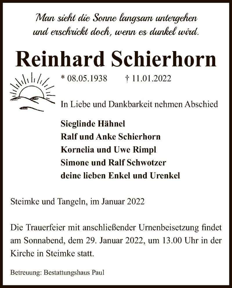  Traueranzeige für Reinhard Schierhorn vom 14.01.2022 aus UEL