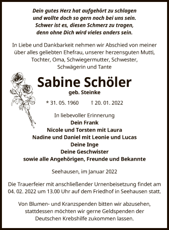 Traueranzeige von Sabine Schöler von UEL