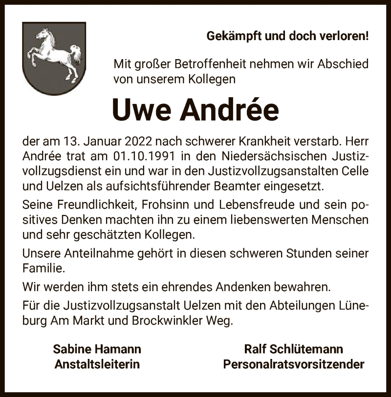  Traueranzeige für Uwe Andrée vom 27.01.2022 aus UEL
