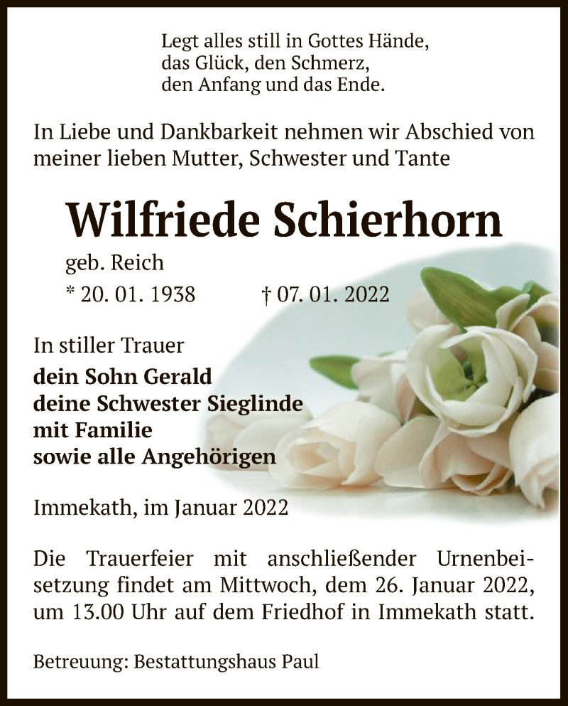  Traueranzeige für Wilfriede Schierhorn vom 12.01.2022 aus UEL