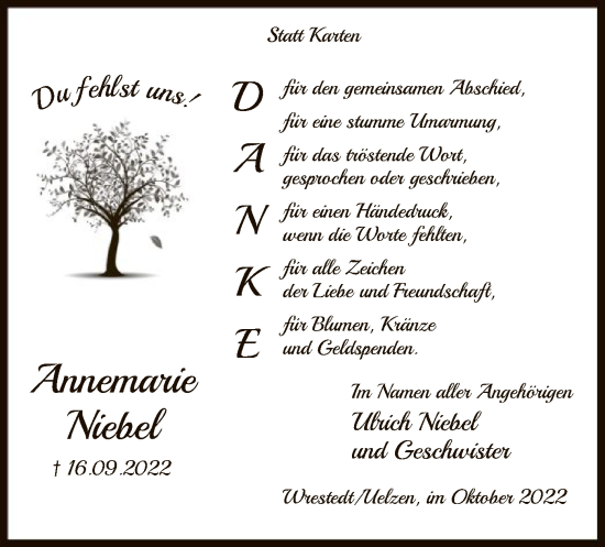 Traueranzeige von Annemarie Niebel von UEL