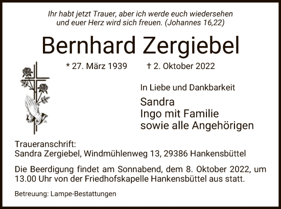 Traueranzeige von Bernhard Zergiebel von UEL