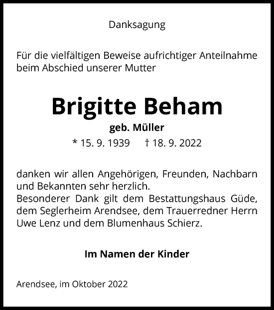 Traueranzeige von Brigitte Beham von UEL