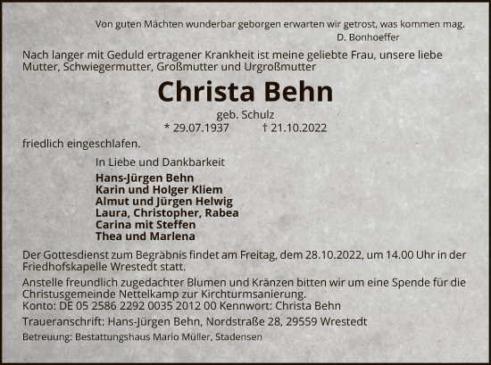 Traueranzeige von Christa Behn von UEL