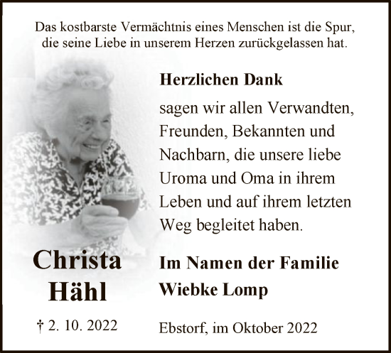 Traueranzeige von Christa Hähl von UEL