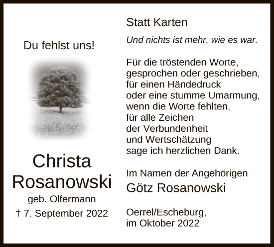 Traueranzeige von Christa Rosanowski von UEL