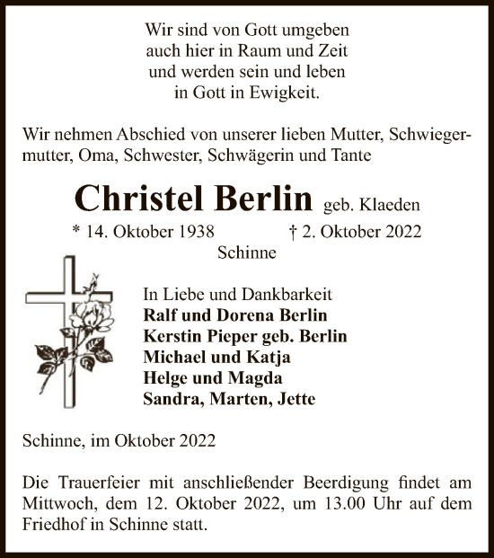 Traueranzeige von Christel Berlin von UEL