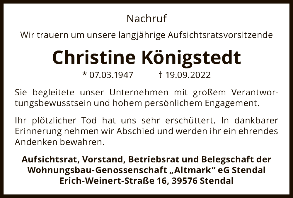  Traueranzeige für Christine Königstedt vom 15.10.2022 aus UEL
