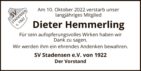 Traueranzeige von Dieter Hemmerling von UEL