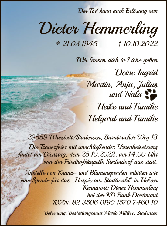 Traueranzeige von Dieter Hemmerling von UEL