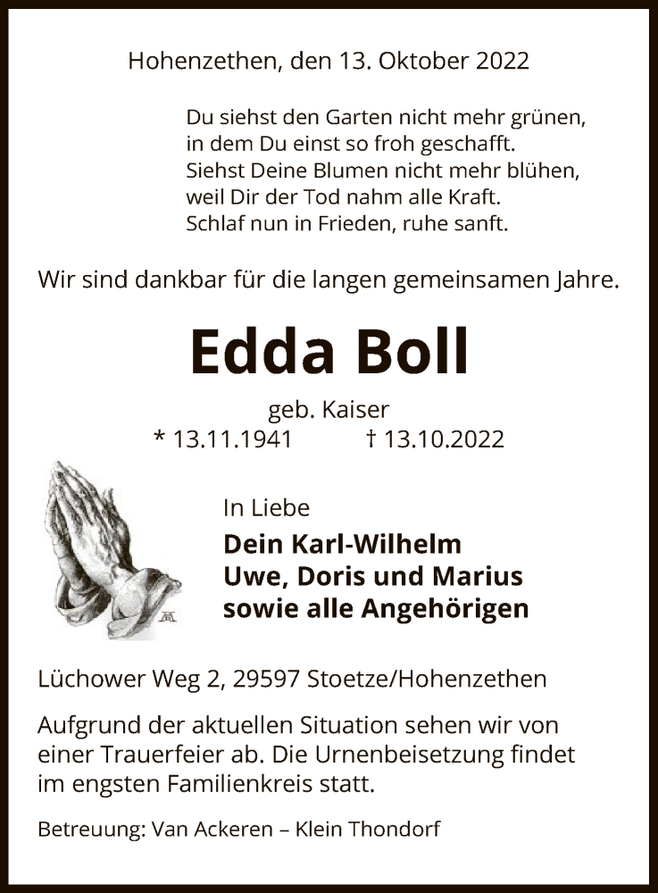  Traueranzeige für Edda Boll vom 22.10.2022 aus UEL