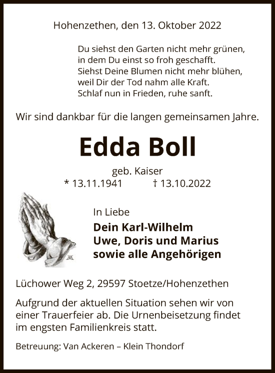 Traueranzeige von Edda Boll von UEL