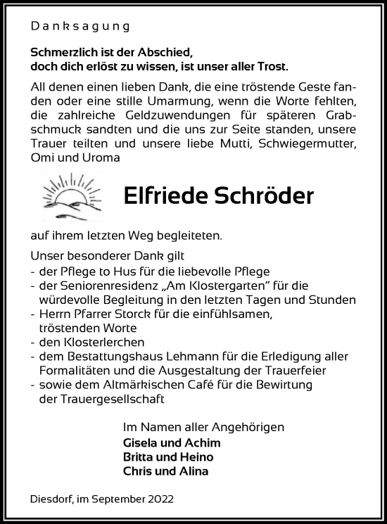 Traueranzeige von Elfriede Schröder von UEL