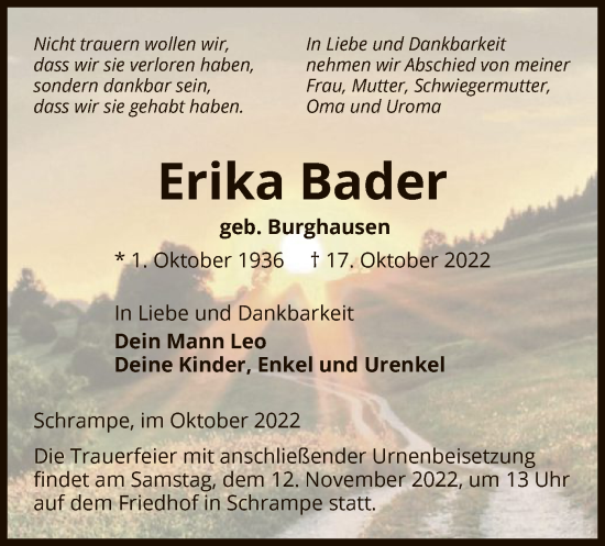 Traueranzeige von Erika Bader von UEL