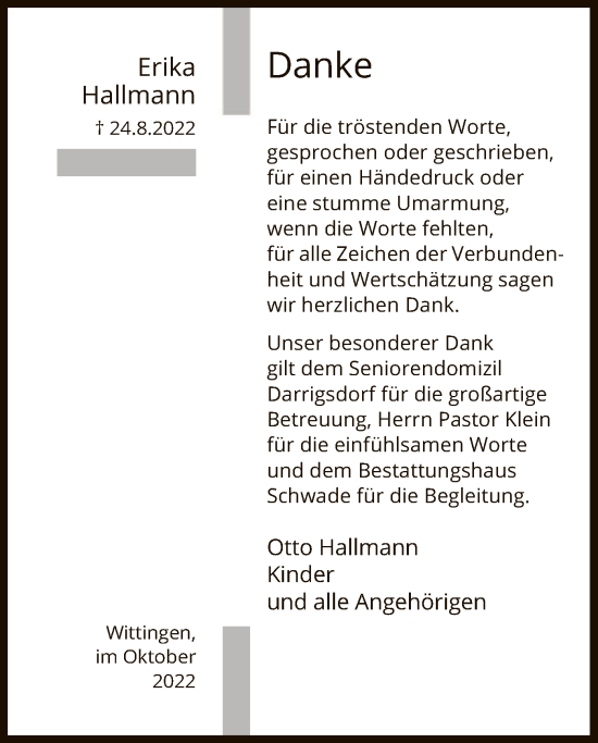 Traueranzeige von Erika Hallmann von UEL