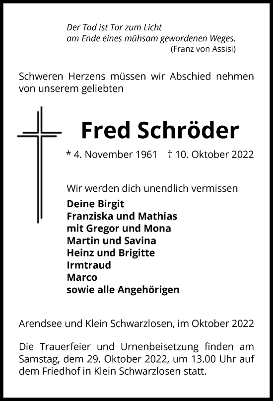 Traueranzeige von Fred Schröder von UEL