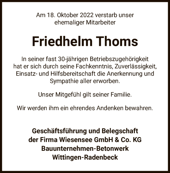 Traueranzeige von Friedhelm Thoms von UEL