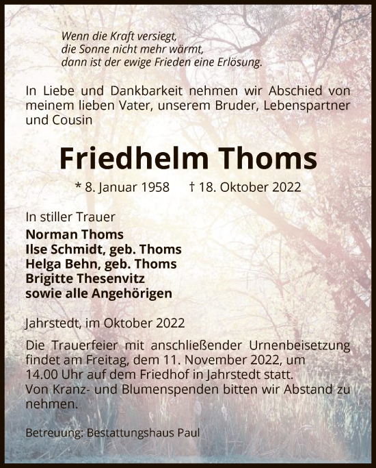 Traueranzeige von Friedhelm Thoms von UEL