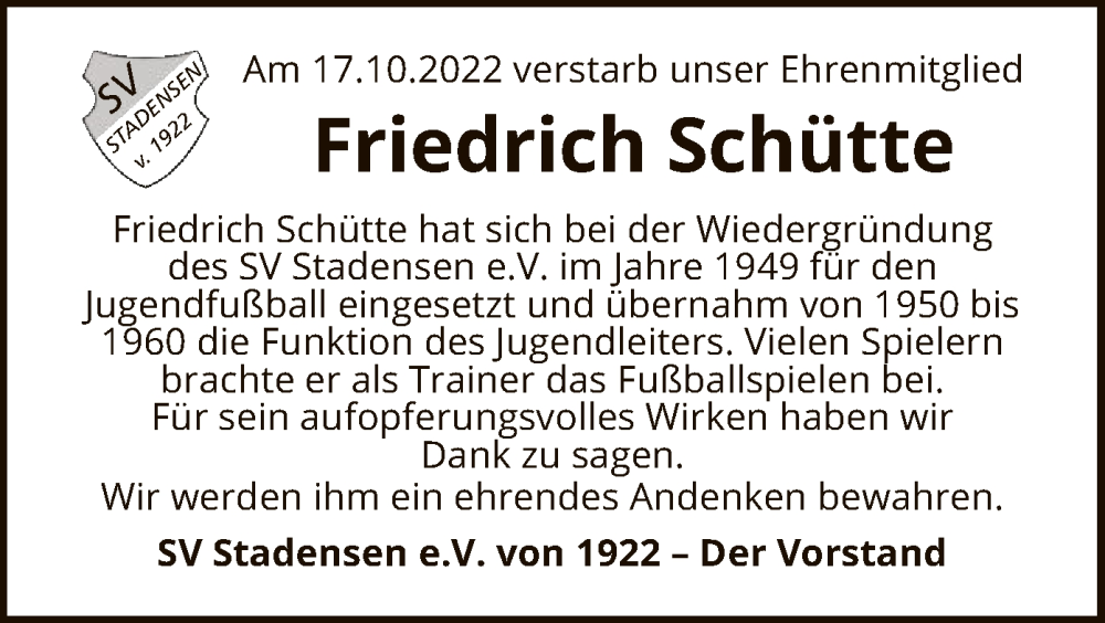  Traueranzeige für Friedrich Schütte vom 19.10.2022 aus UEL
