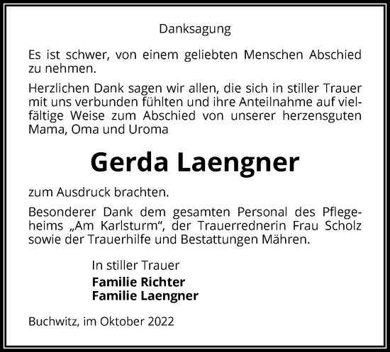 Traueranzeige von Gerda Laengner von UEL