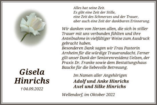 Traueranzeige von Gisela Hinrichs von UEL