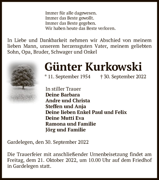 Traueranzeige von Günter Kurkowski von UEL