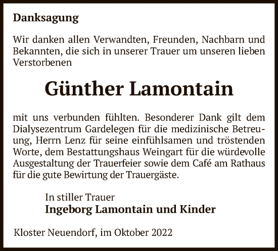 Traueranzeige von Günther Lamontain von UEL