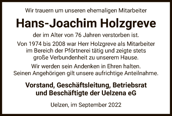 Traueranzeige von Hans-Joachim Holzgreve von UEL