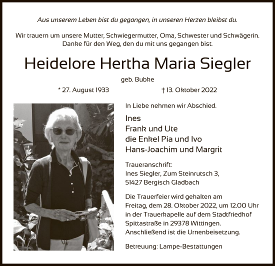 Traueranzeige von Heidelore Hertha Maria Siegler von UEL