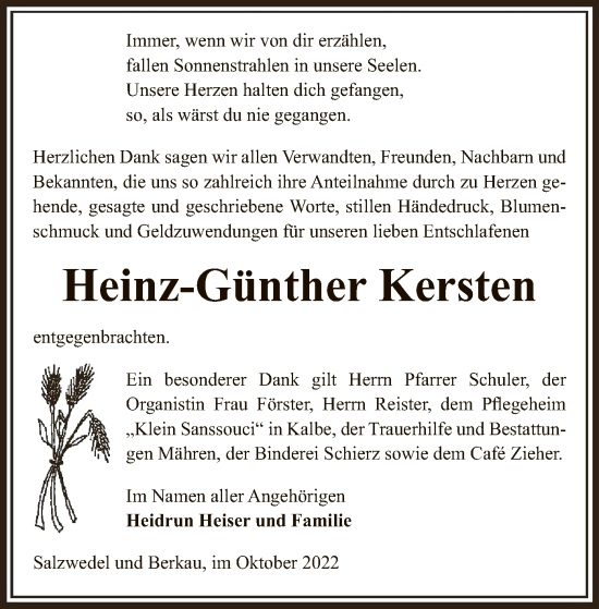 Traueranzeige von Heinz-Günther Kersten von UEL