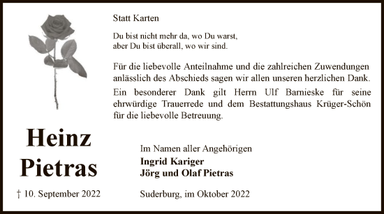 Traueranzeige von Heinz Pietras von UEL
