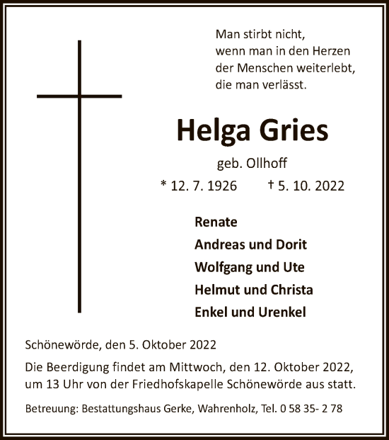 Traueranzeige von Helga Gries von UEL