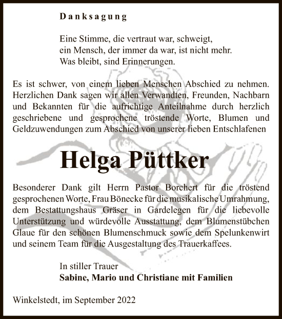 Traueranzeige von Helga Püttker von UEL