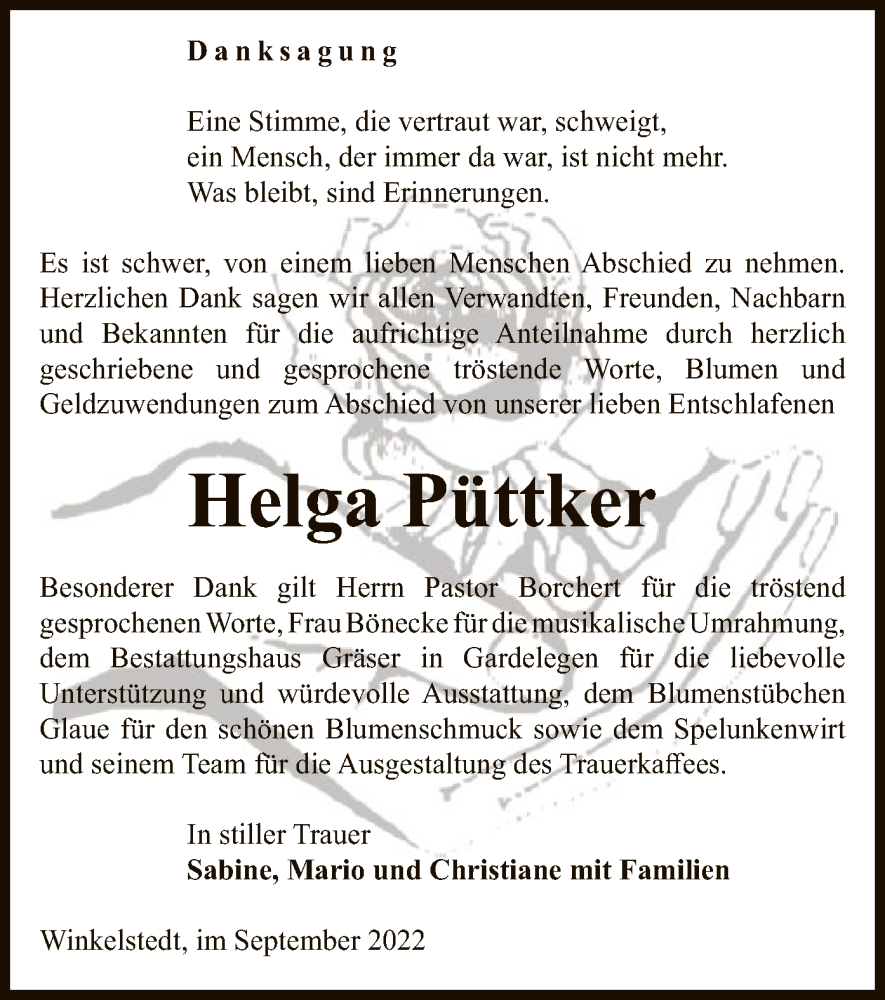  Traueranzeige für Helga Püttker vom 07.10.2022 aus UEL
