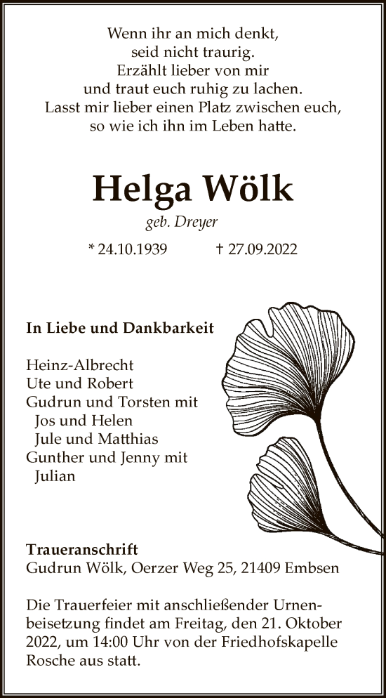 Traueranzeige von Helga Wölk von UEL