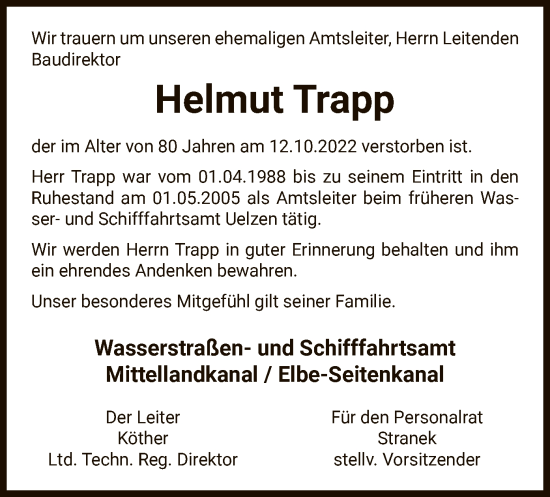 Traueranzeige von Helmut Trapp von UEL