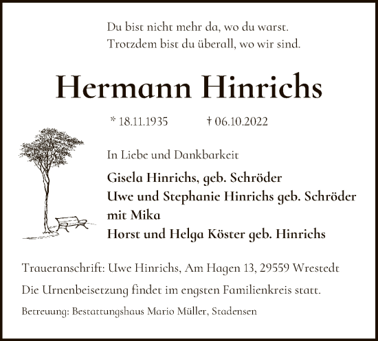 Traueranzeige von Hermann Hinrichs von UEL
