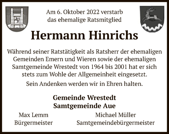 Traueranzeige von Hermann Hinrichs von UEL