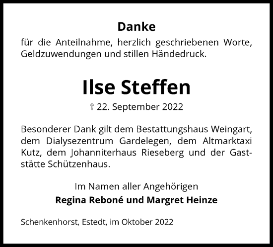 Traueranzeige von Ilse Steffen von UEL