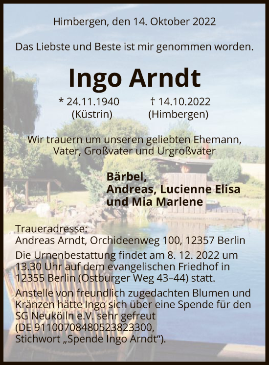 Traueranzeige von Ingo Arndt von UEL