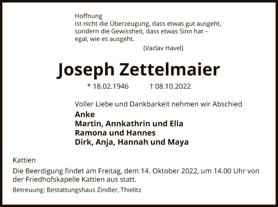 Traueranzeige von Joseph Zettelmaier von UEL