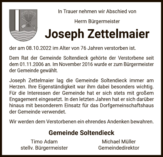 Traueranzeige von Joseph Zettelmaier von UEL