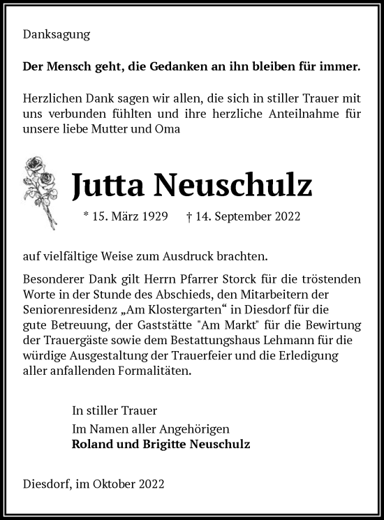 Traueranzeige von Jutta Neuschulz von UEL