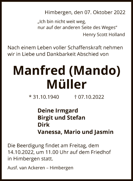 Traueranzeige von Manfred Müller von UEL