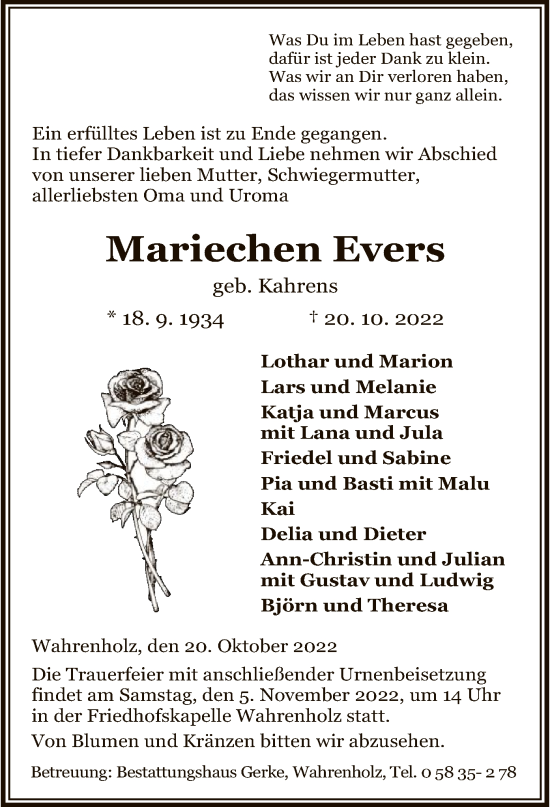 Traueranzeige von Mariechen Evers von UEL