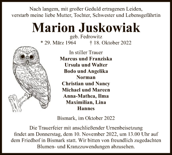 Traueranzeige von Marion Juskowiak von UEL